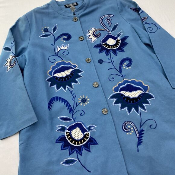 Indigo Moon Jacket Womens 2X Blue Embroidered Flowers Button Front Wearable Art - Picture 3 of 16